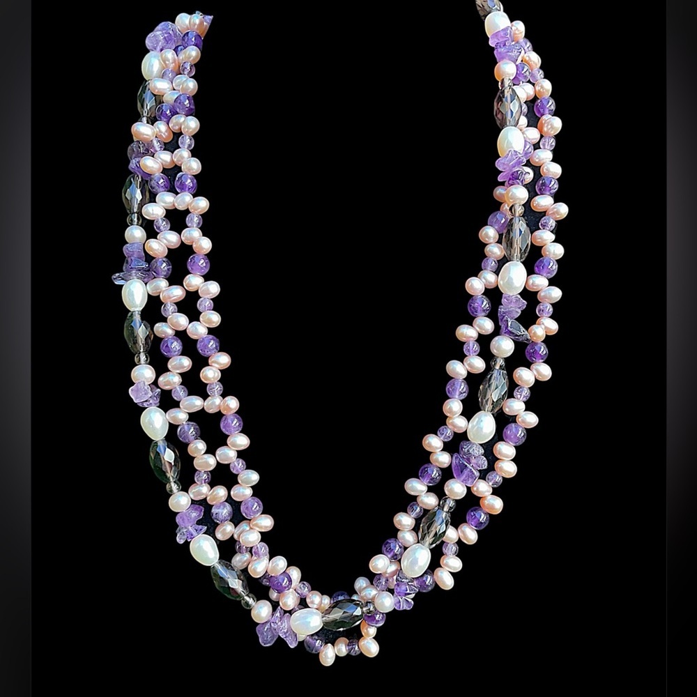 Vintage Sterling Smoky Quartz Amethyst Freshwater Pearl Three Strand Necklace